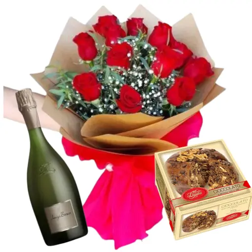 Ramo de flores rosas importadas con espumante y pan dulce 